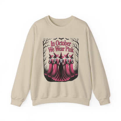 Sand In October We Wear Pink sweatshirt with five witches in pink gowns