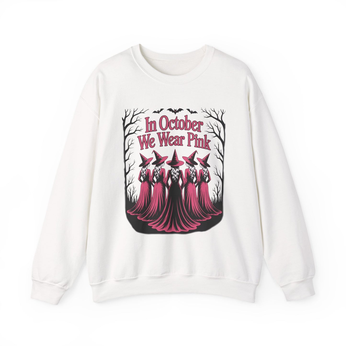 White In October We Wear Pink sweatshirt with five witches in pink gowns