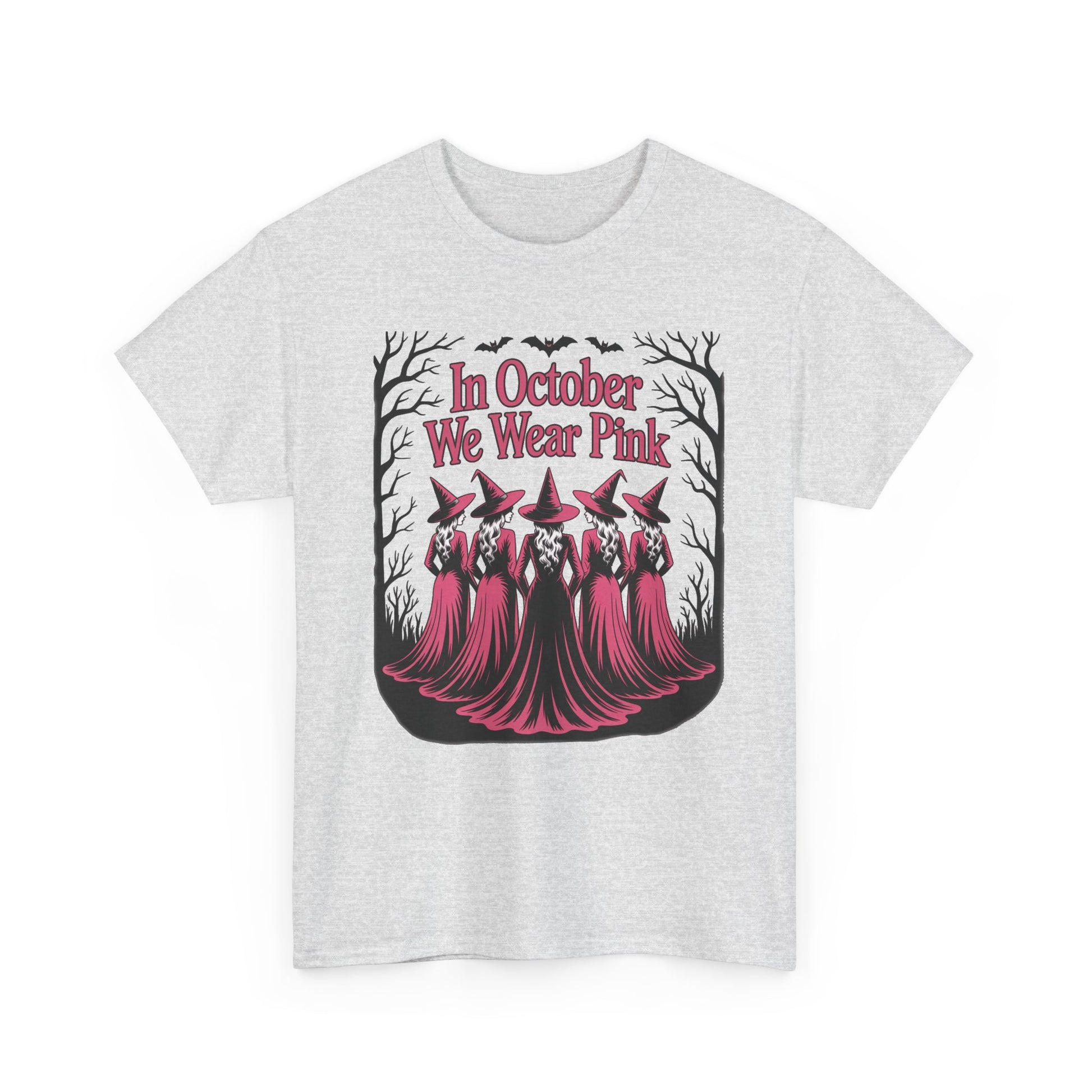 Ash grey In October We Wear Pink t-shirt with five witches in pink gowns