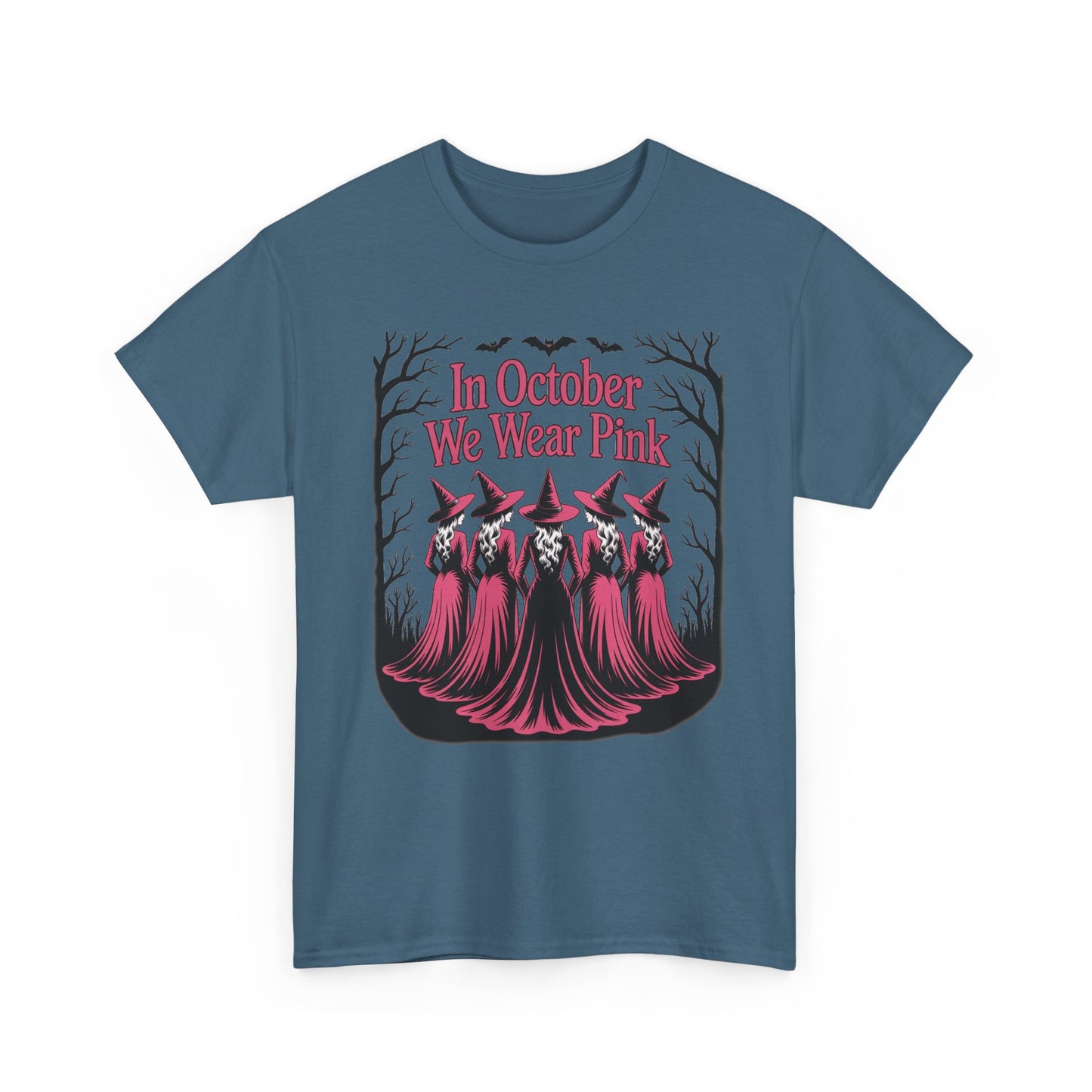 Indigo blue In October We Wear Pink t-shirt with five witches in pink gowns