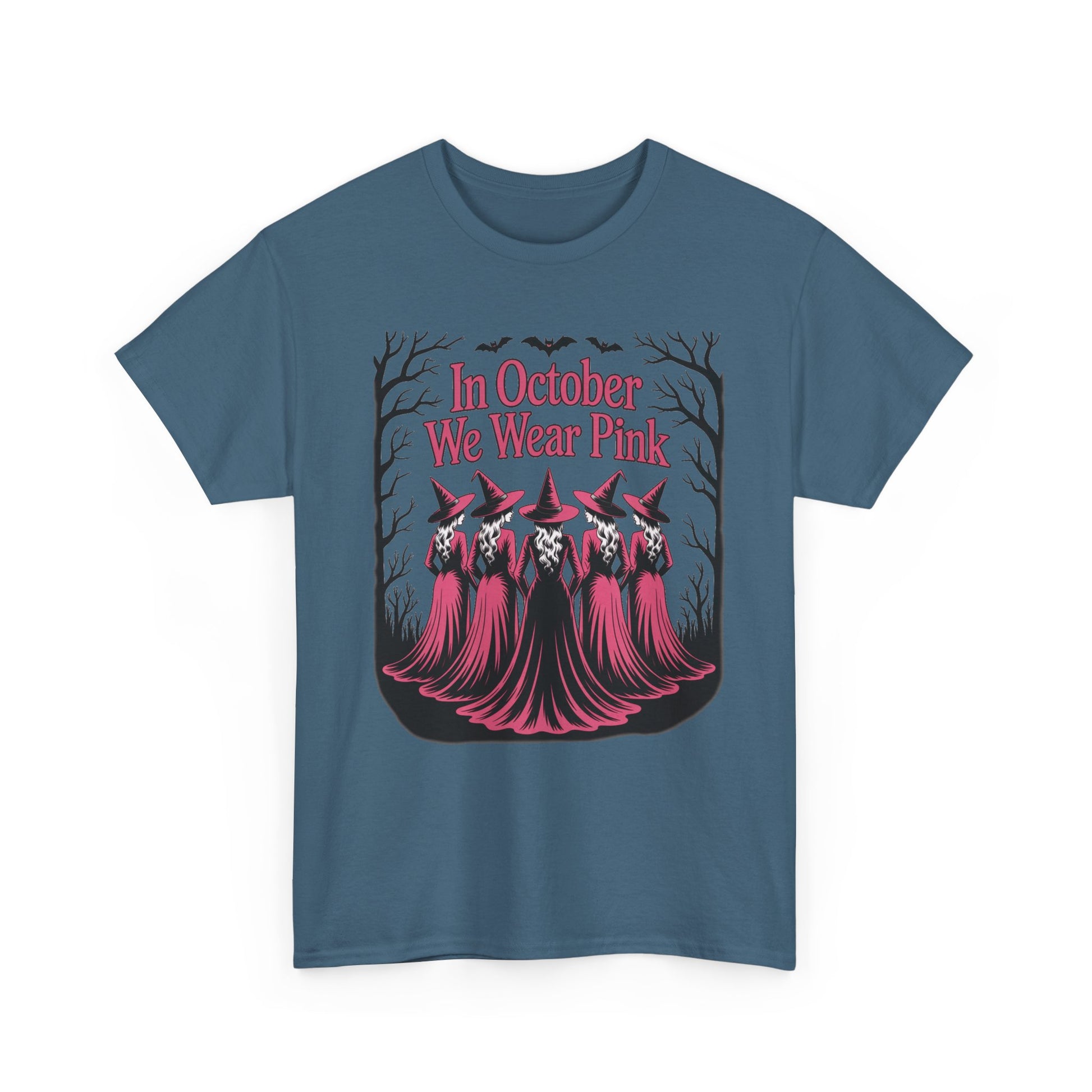 Indigo blue In October We Wear Pink t-shirt with five witches in pink gowns