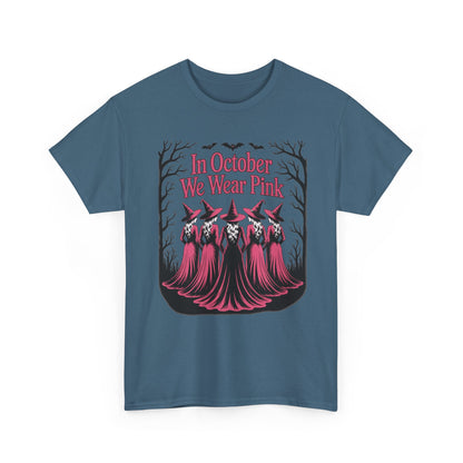 Indigo blue In October We Wear Pink t-shirt with five witches in pink gowns