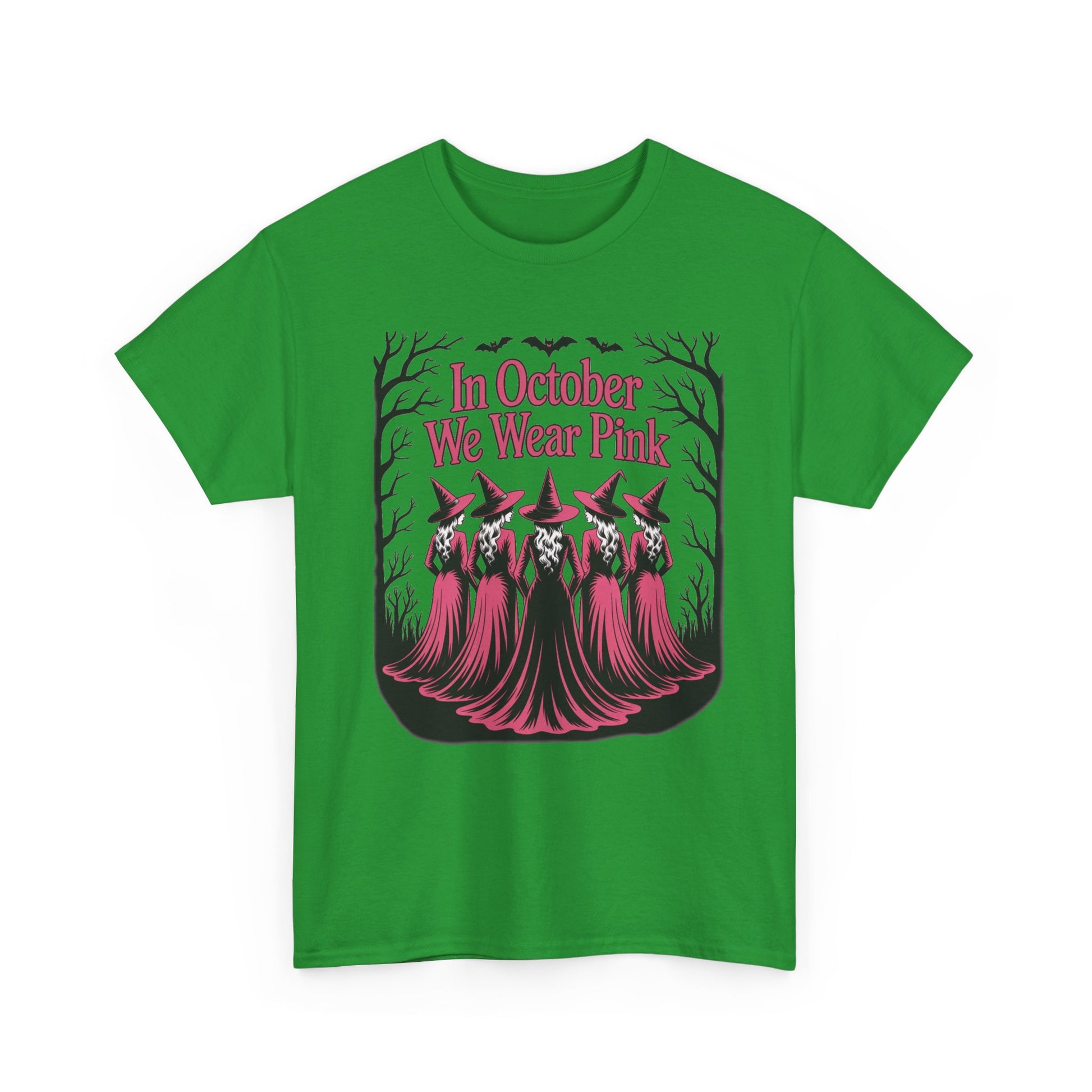 Irish green In October We Wear Pink t-shirt with five witches in pink gowns