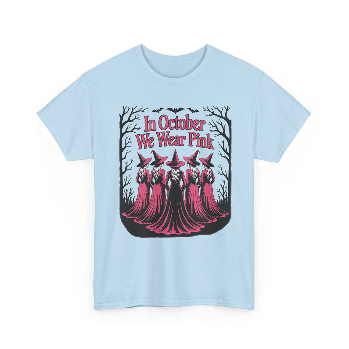 Light blue In October We Wear Pink t-shirt with five witches in pink gowns