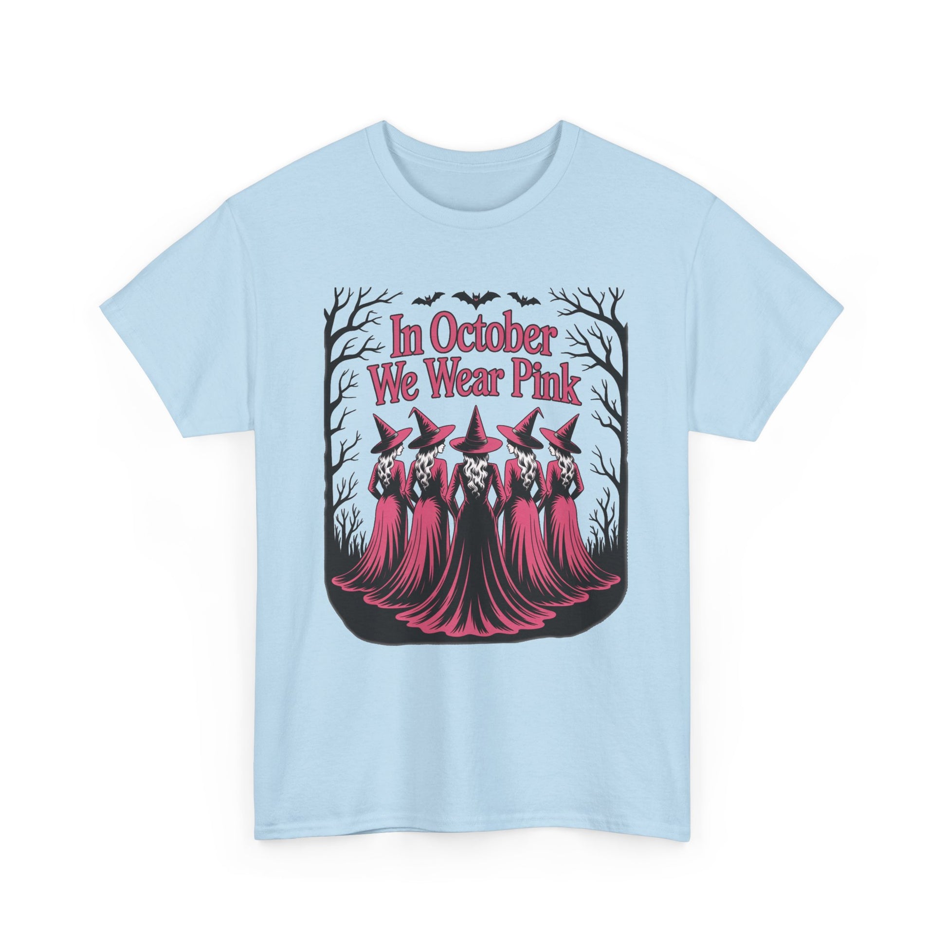 Light blue In October We Wear Pink t-shirt with five witches in pink gowns