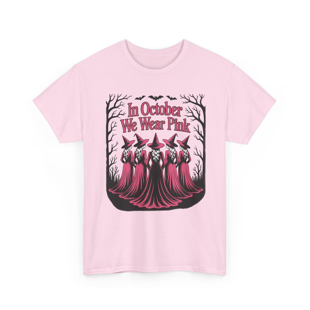 Light pink In October We Wear Pink t-shirt with five witches in pink gowns