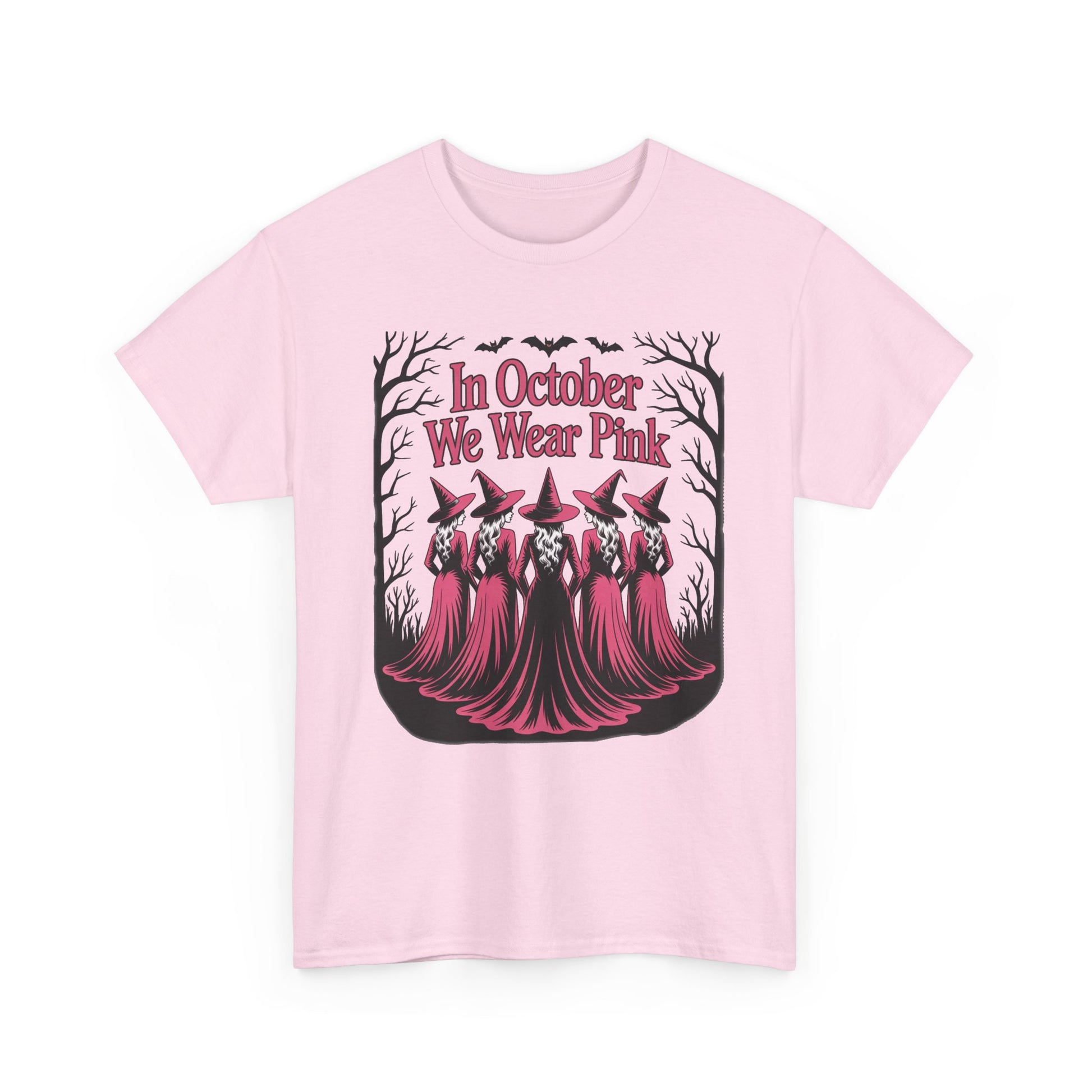 Light pink In October We Wear Pink t-shirt with five witches in pink gowns