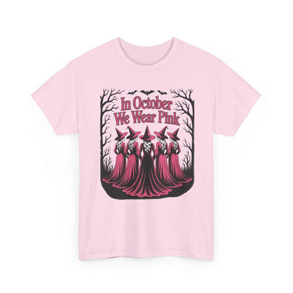 Light pink In October We Wear Pink t-shirt with five witches in pink gowns
