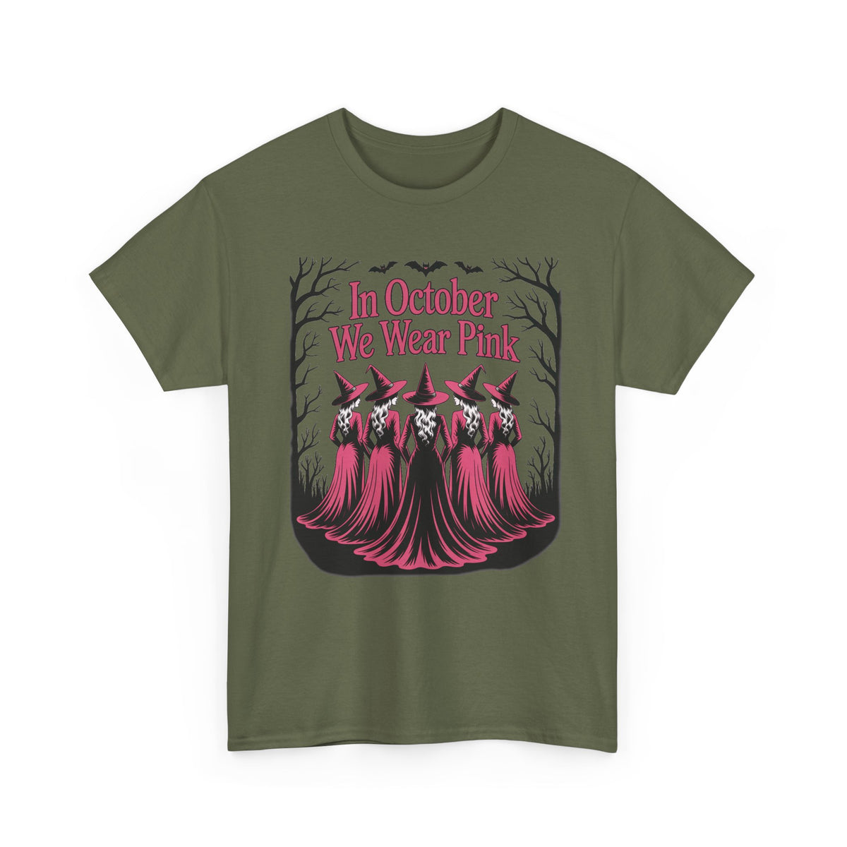 Military green In October We Wear Pink t-shirt with five witches in pink gowns
