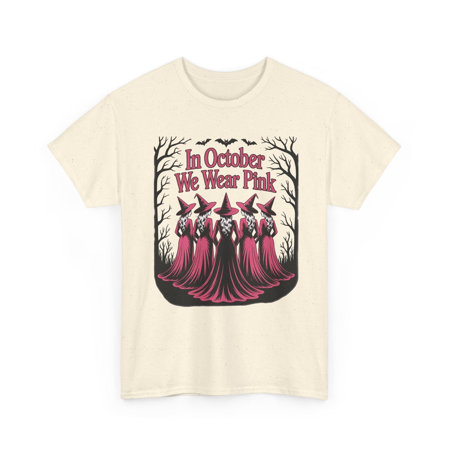 Natural In October We Wear Pink t-shirt with five witches in pink gowns