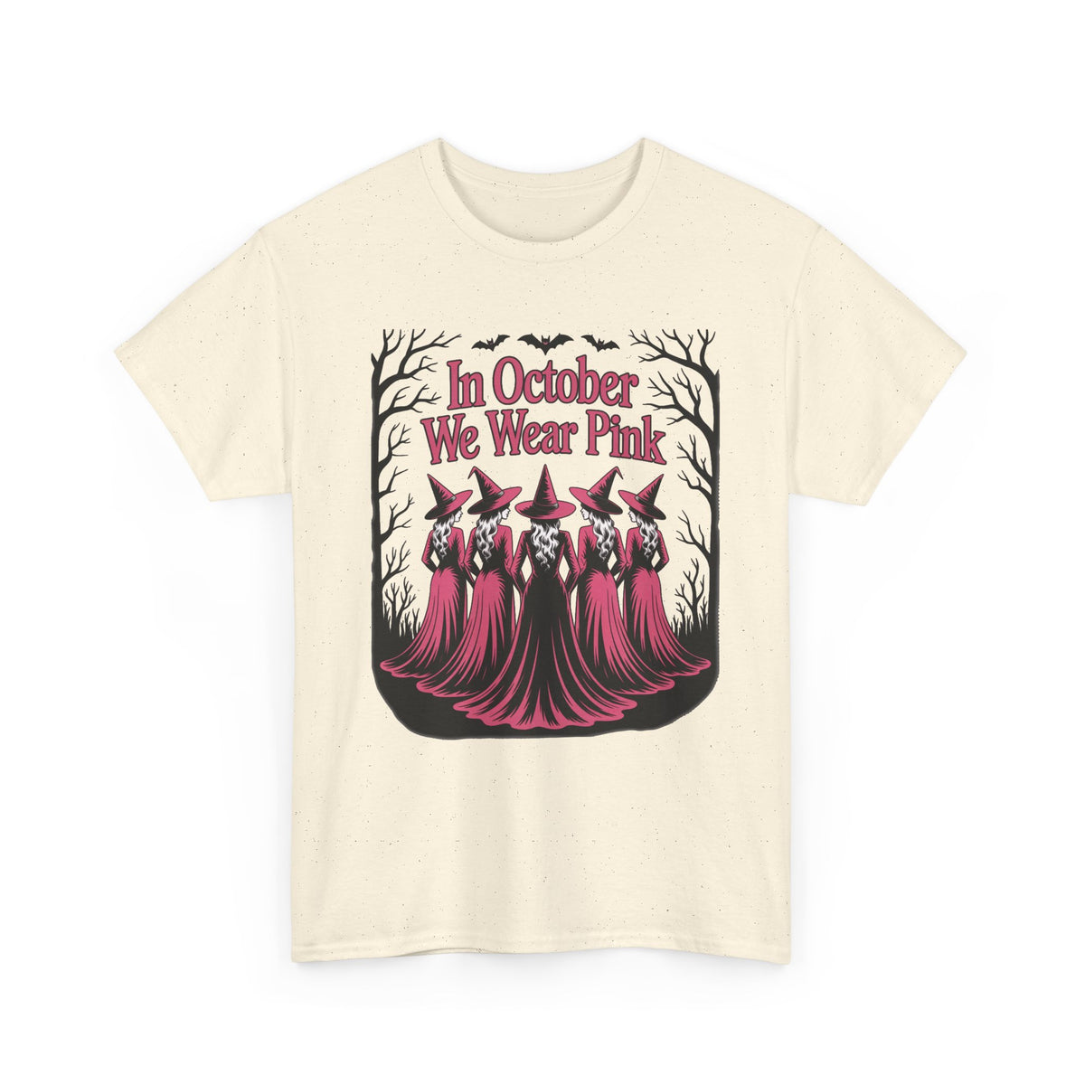 Natural In October We Wear Pink t-shirt with five witches in pink gowns