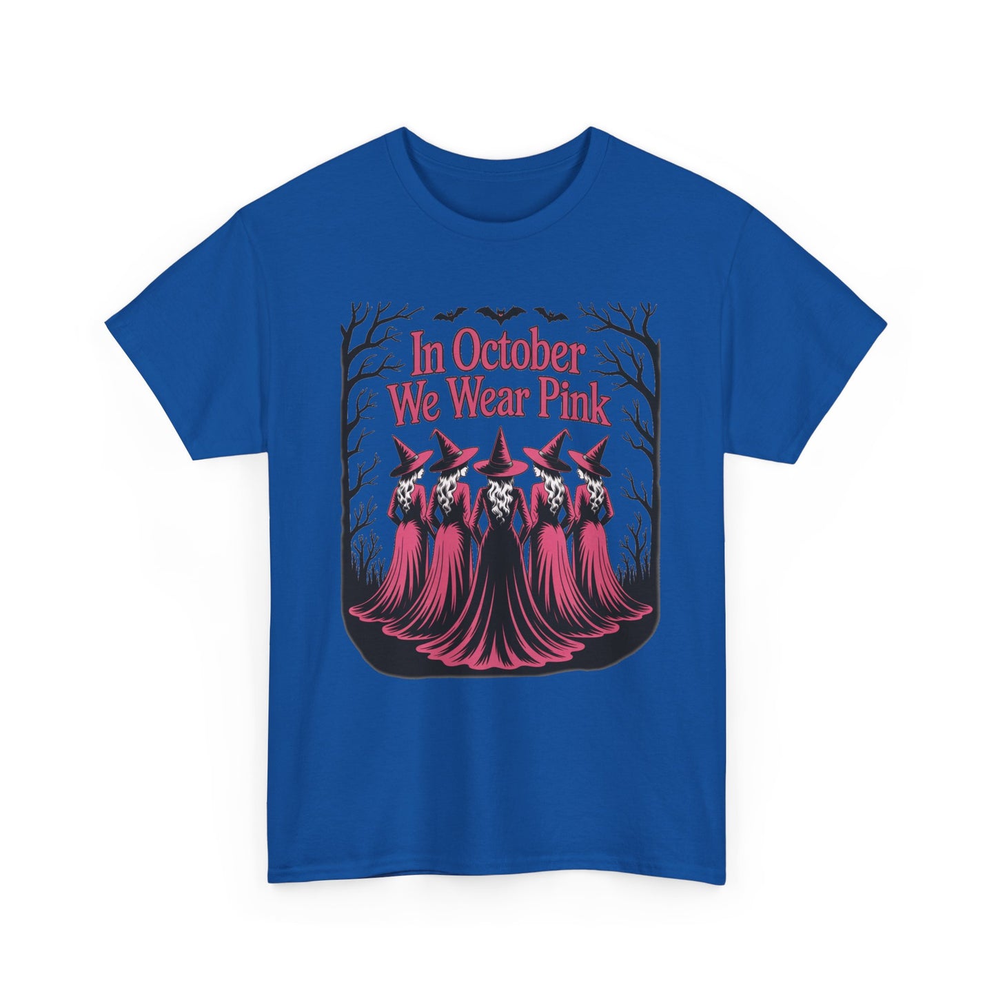 Royal blue In October We Wear Pink t-shirt with five witches in pink gowns