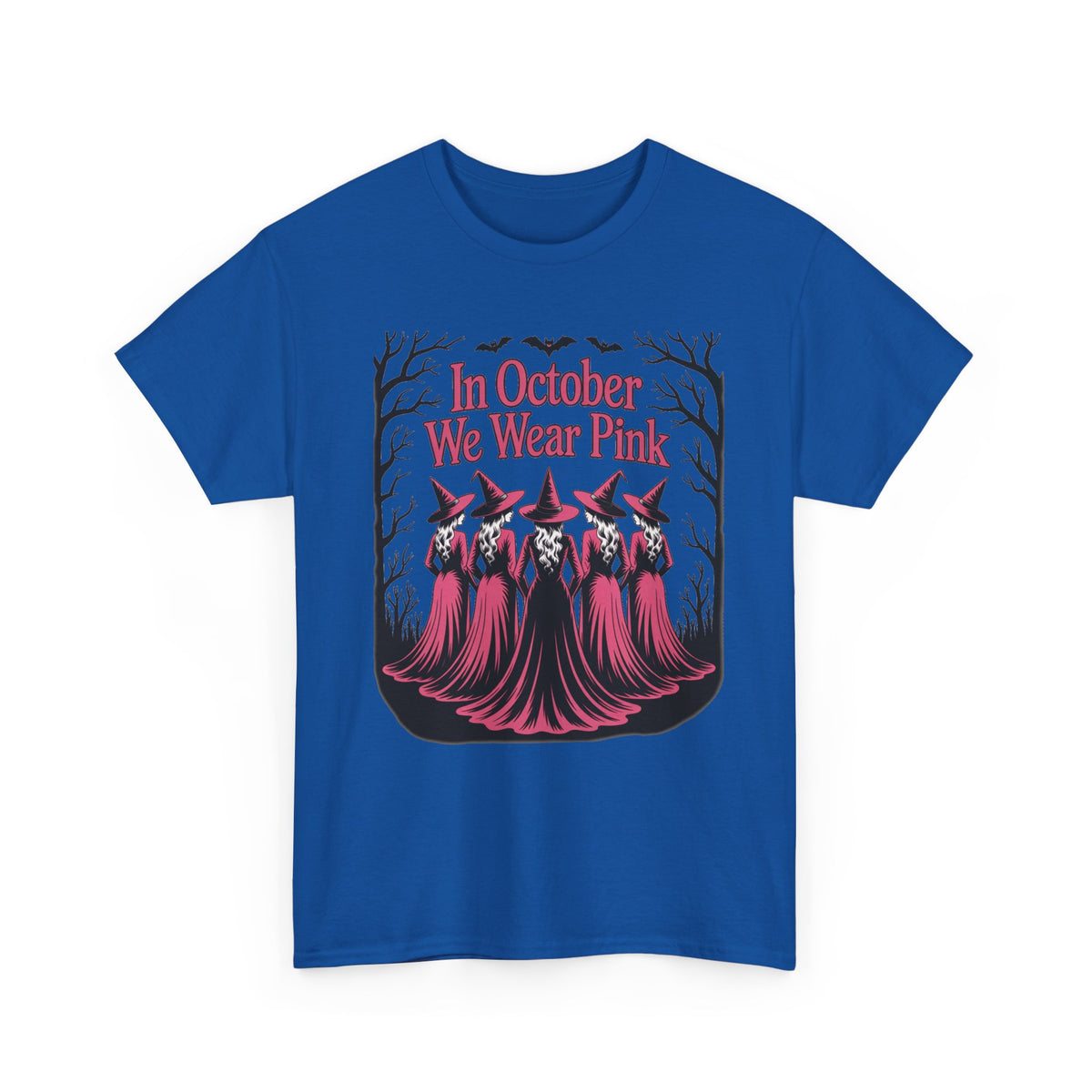 Royal blue In October We Wear Pink t-shirt with five witches in pink gowns