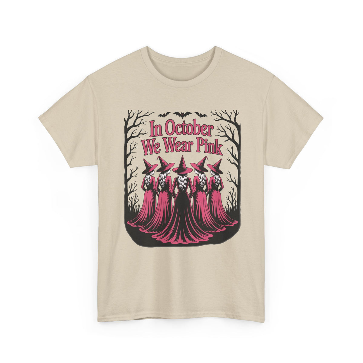 Sand In October We Wear Pink t-shirt with five witches in pink gowns