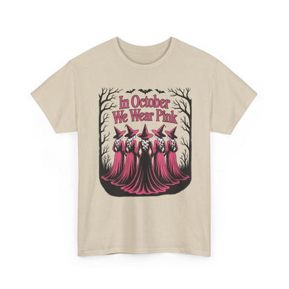 Sand In October We Wear Pink t-shirt with five witches in pink gowns