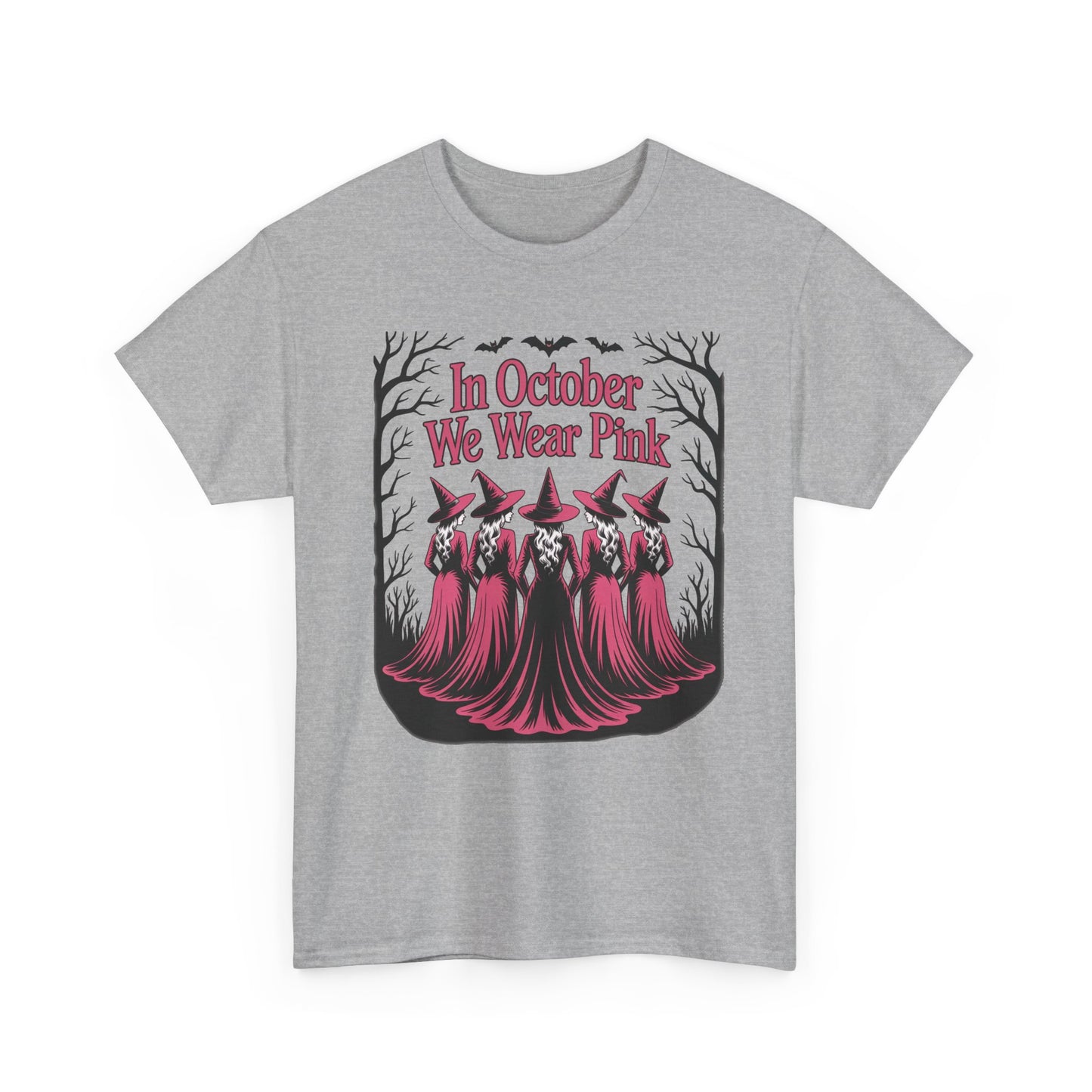 Sport grey In October We Wear Pink t-shirt with five witches in pink gowns