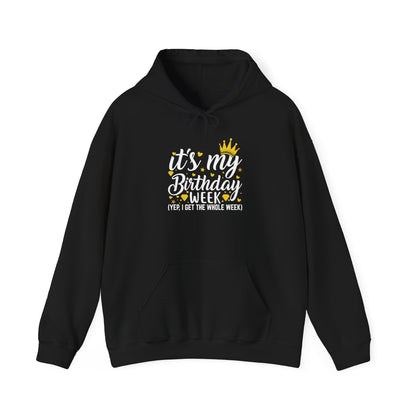 Black It's My Birthday Week hoodie with gold crown, front view