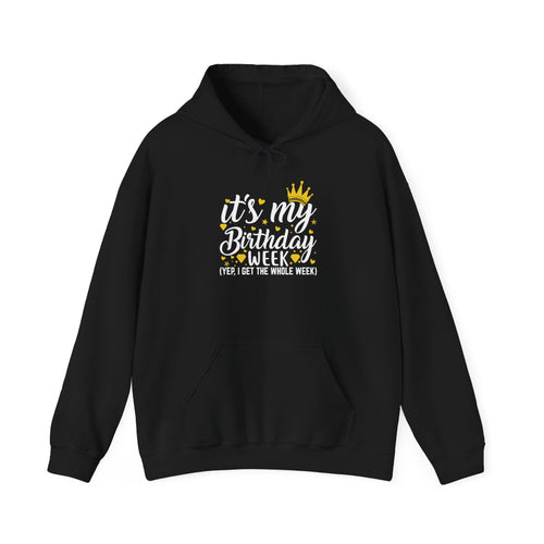 Black It's My Birthday Week hoodie with gold crown, front view
