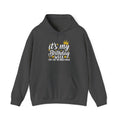 Dark Heather It's My Birthday Week hoodie with gold crown, front view