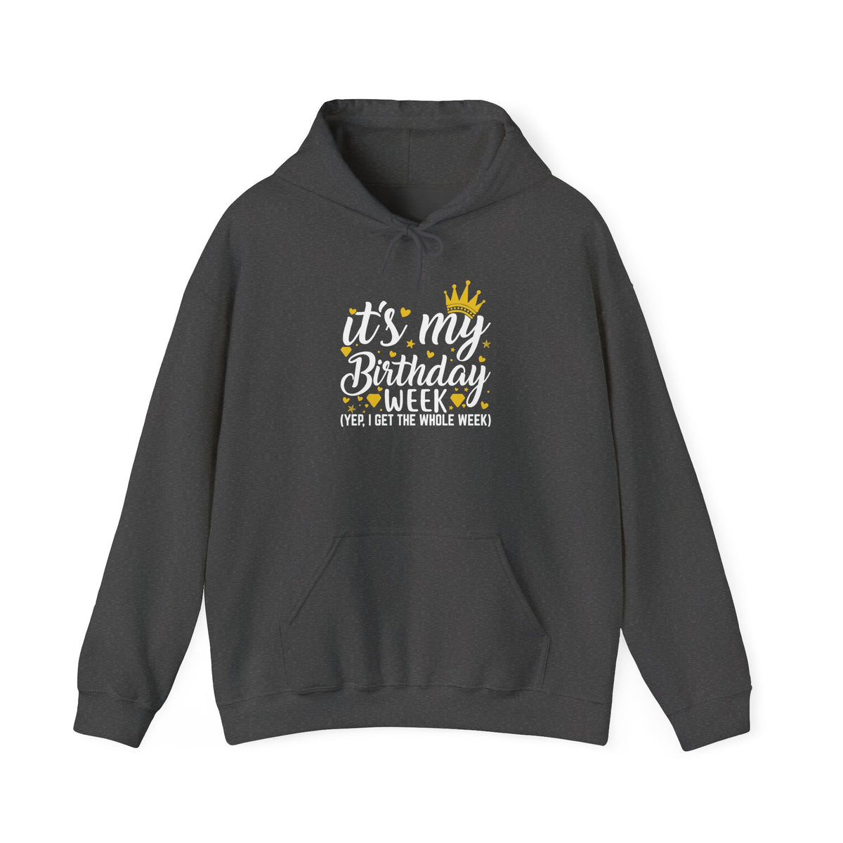 Dark Heather It's My Birthday Week hoodie with gold crown, front view