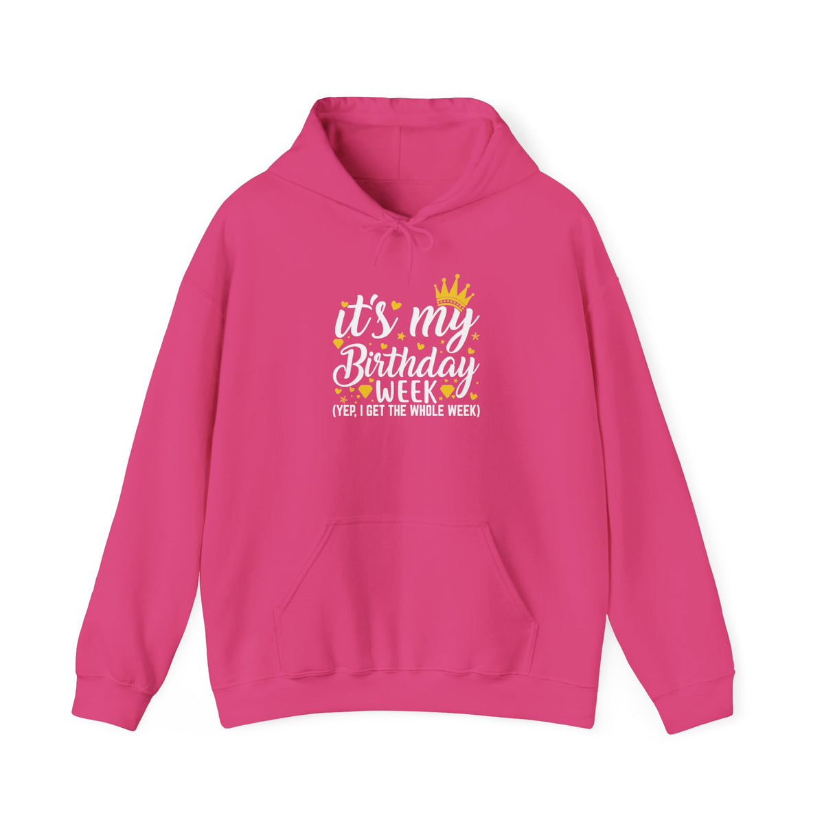 Heliconia It's My Birthday Week hoodie with gold crown, front view