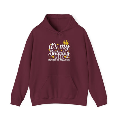 Maroon It's My Birthday Week hoodie with gold crown, front view