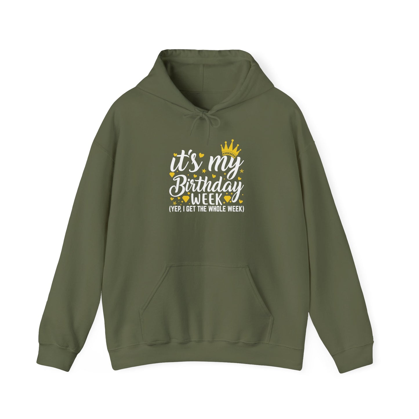 Military Green It's My Birthday Week hoodie with gold crown, front view