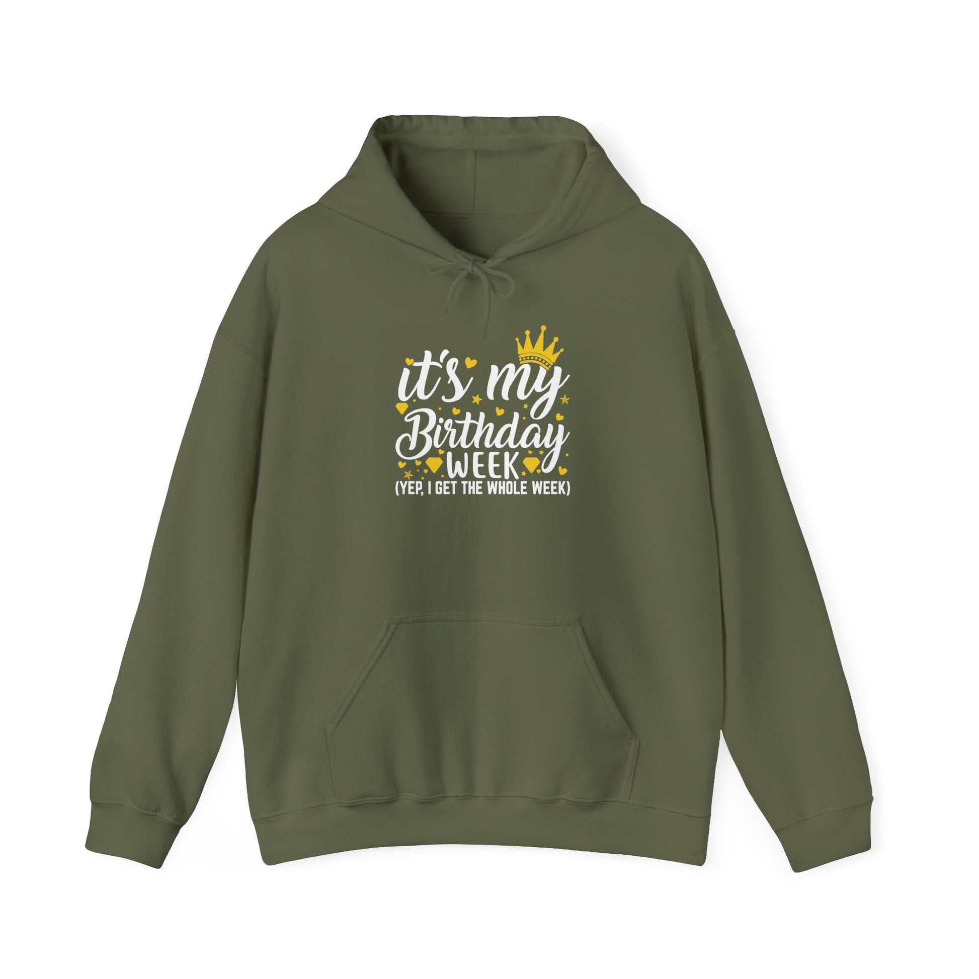 Military Green It's My Birthday Week hoodie with gold crown, front view