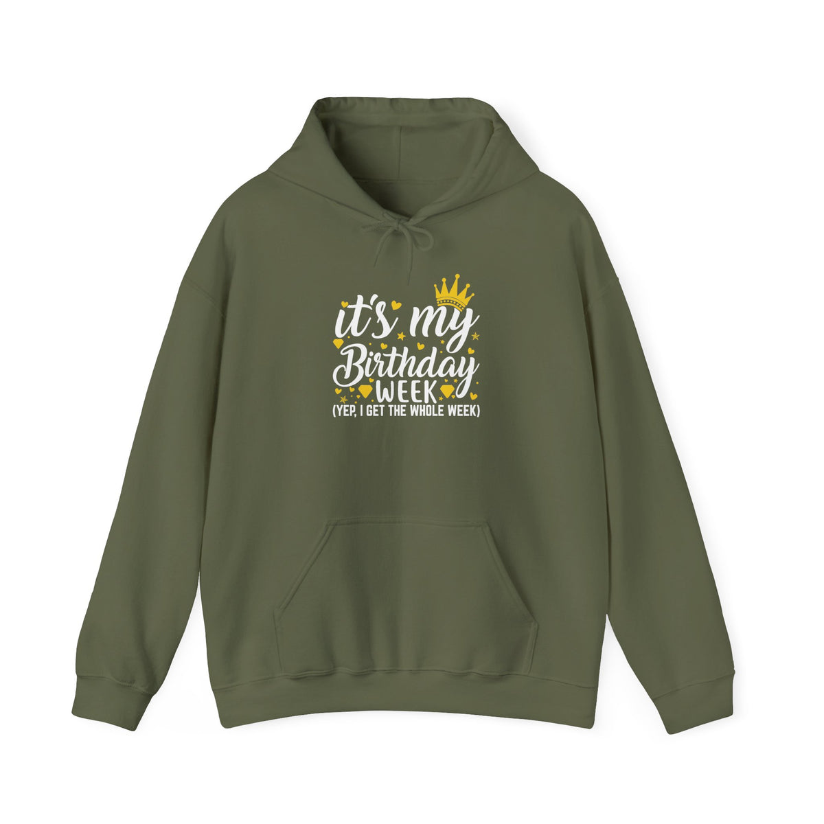 Military Green It's My Birthday Week hoodie with gold crown, front view