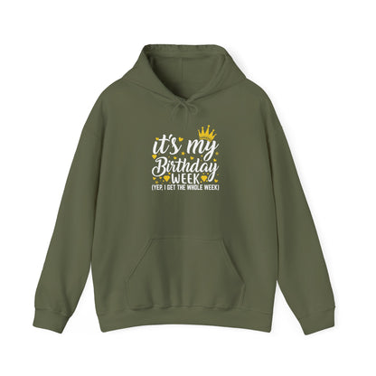 Military Green It's My Birthday Week hoodie with gold crown, front view
