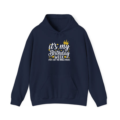 Navy It's My Birthday Week hoodie with gold crown, front view