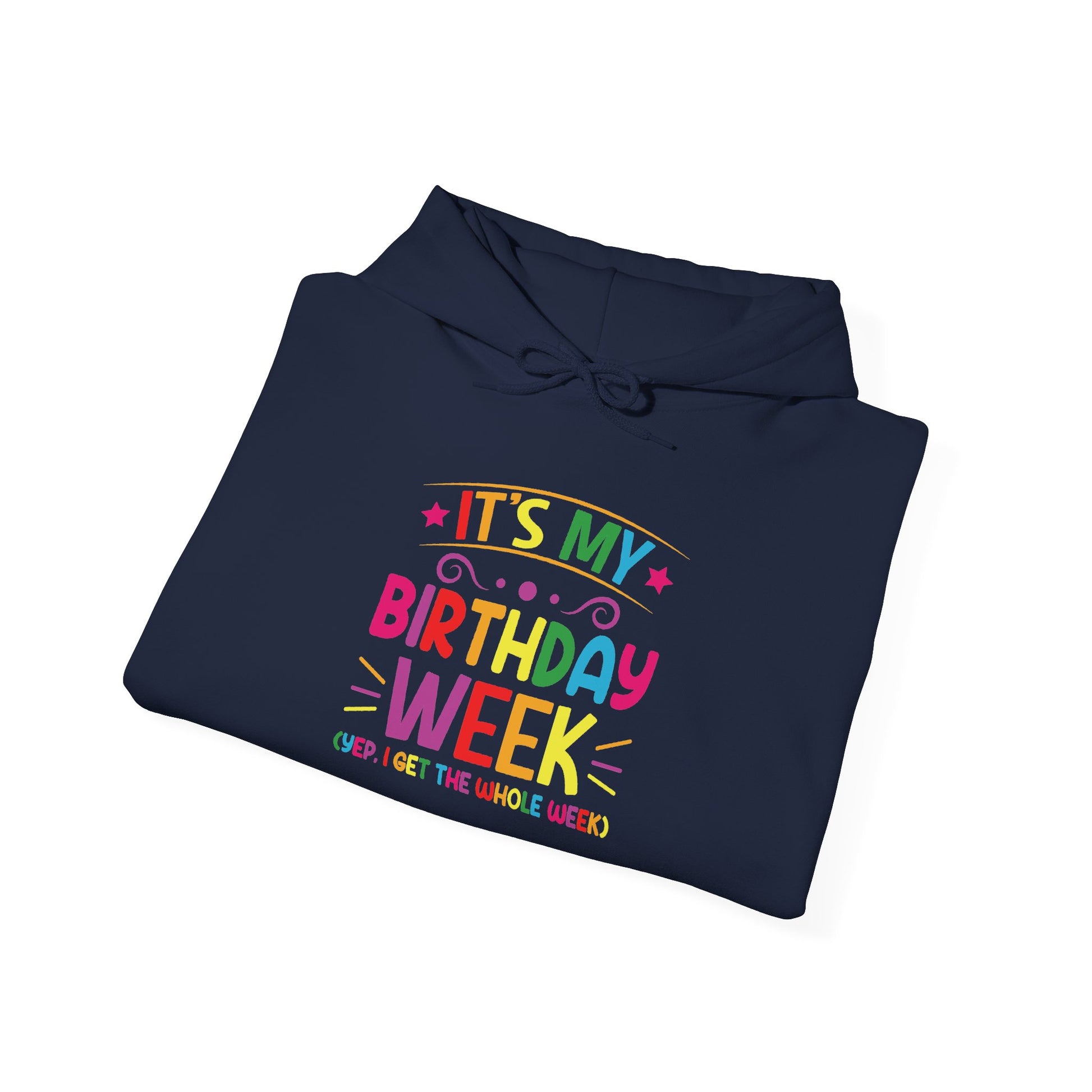 It's My Birthday Week Rainbow hoodie, folded detail
