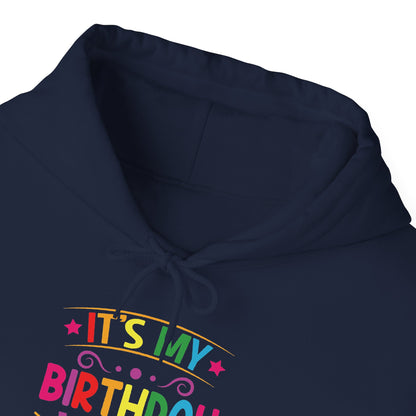 It's My Birthday Week Rainbow hoodie, hood and print detail
