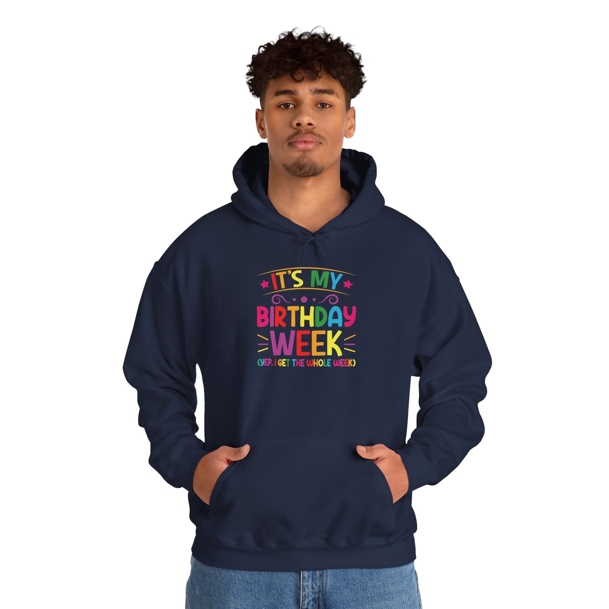 Man wearing the It's My Birthday Week Rainbow hoodie