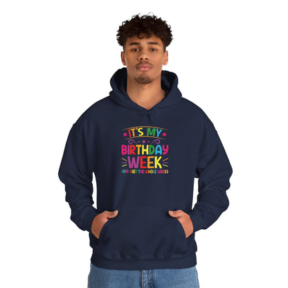 Man wearing the It's My Birthday Week Rainbow hoodie