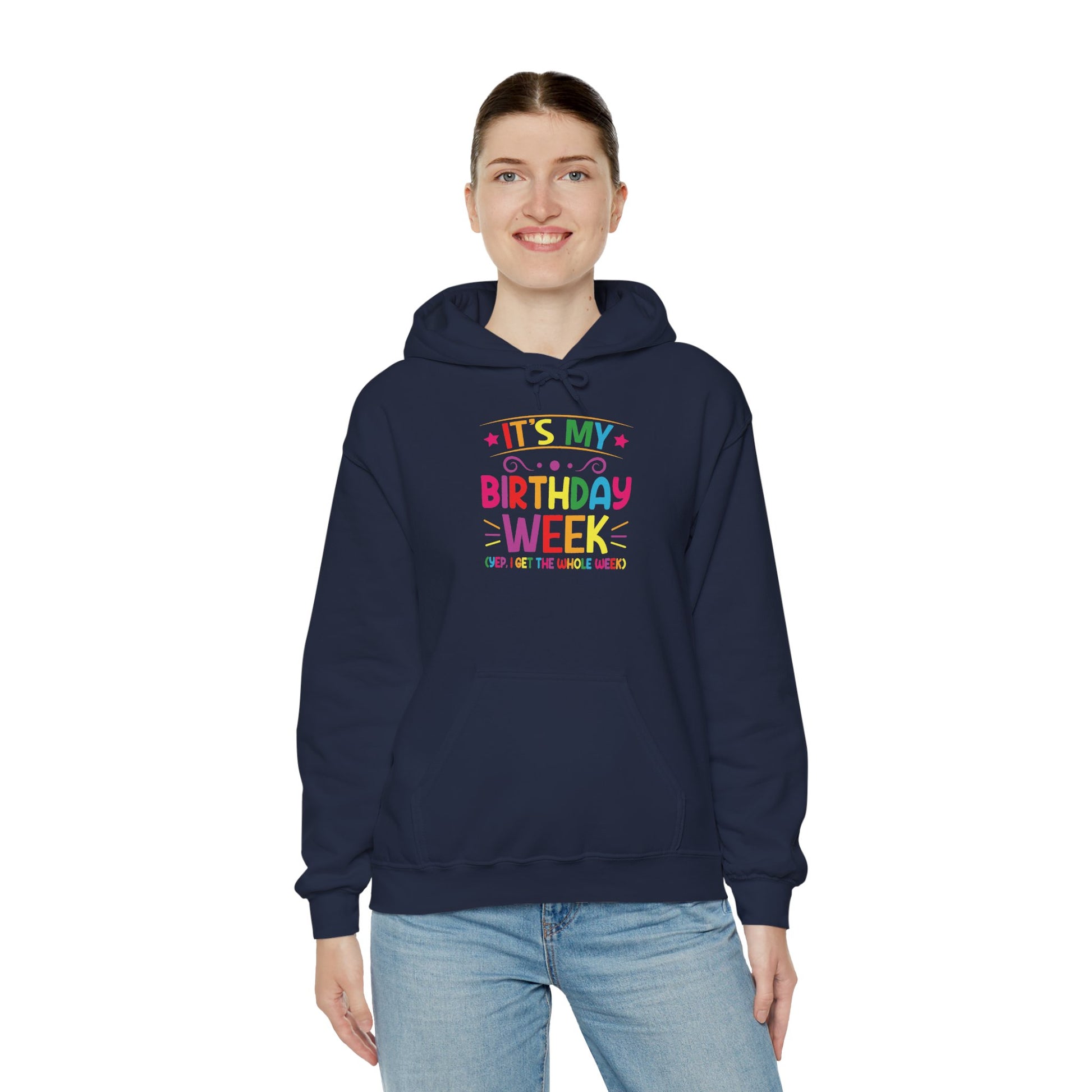 Woman wearing the It's My Birthday Week Rainbow hoodie