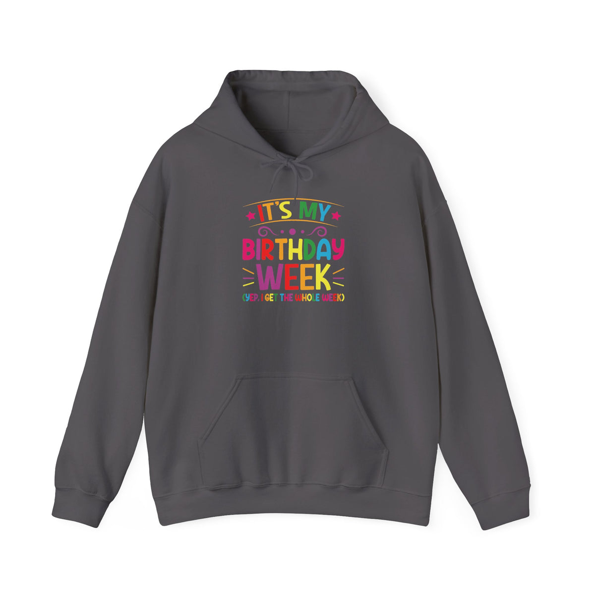 Charcoal It's My Birthday Week Rainbow hoodie, front view