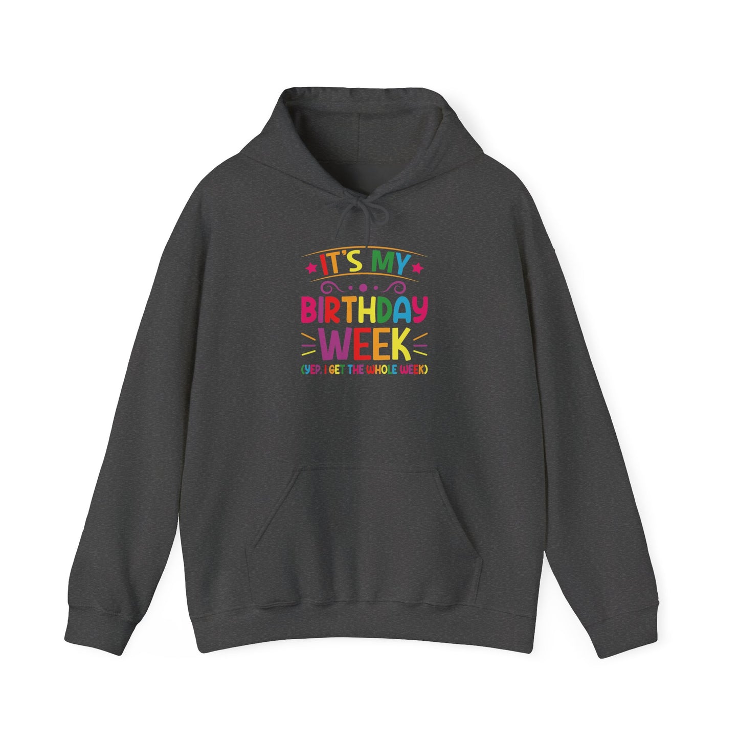 Dark Heather It's My Birthday Week Rainbow hoodie, front view
