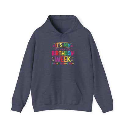 Heather Sport Dark Navy It's My Birthday Week Rainbow hoodie, front view