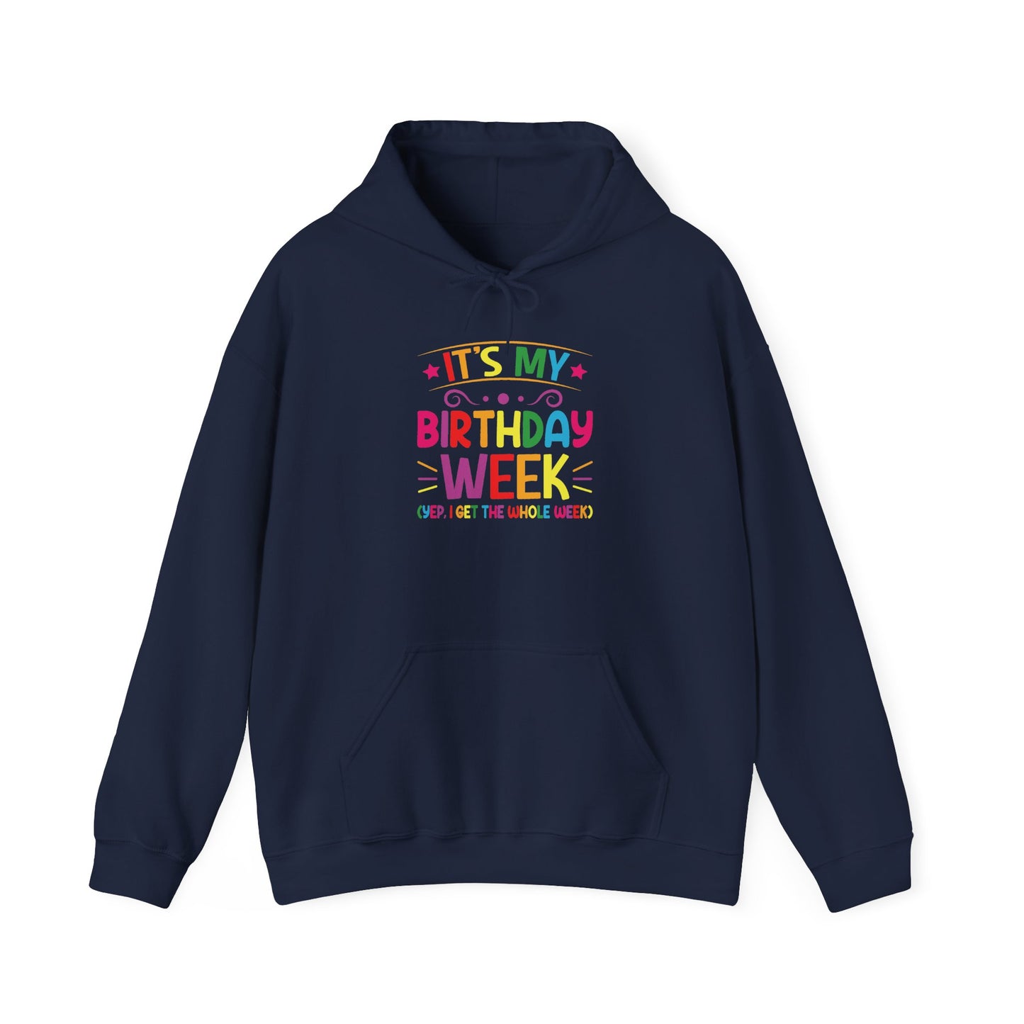 Navy It's My Birthday Week Rainbow hoodie, front view