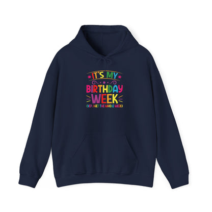 Navy It's My Birthday Week Rainbow hoodie, front view