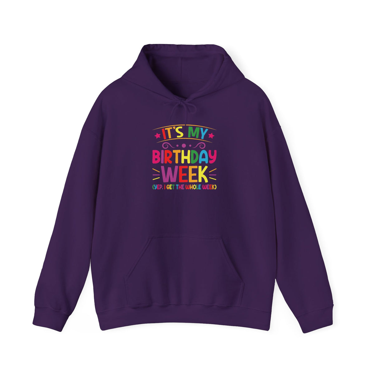Purple It's My Birthday Week Rainbow hoodie, front view