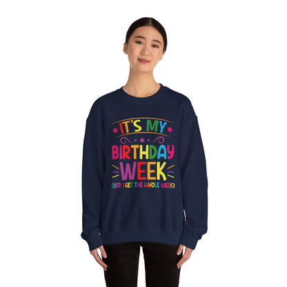 Woman wearing the It's My Birthday Week Rainbow sweatshirt, front view