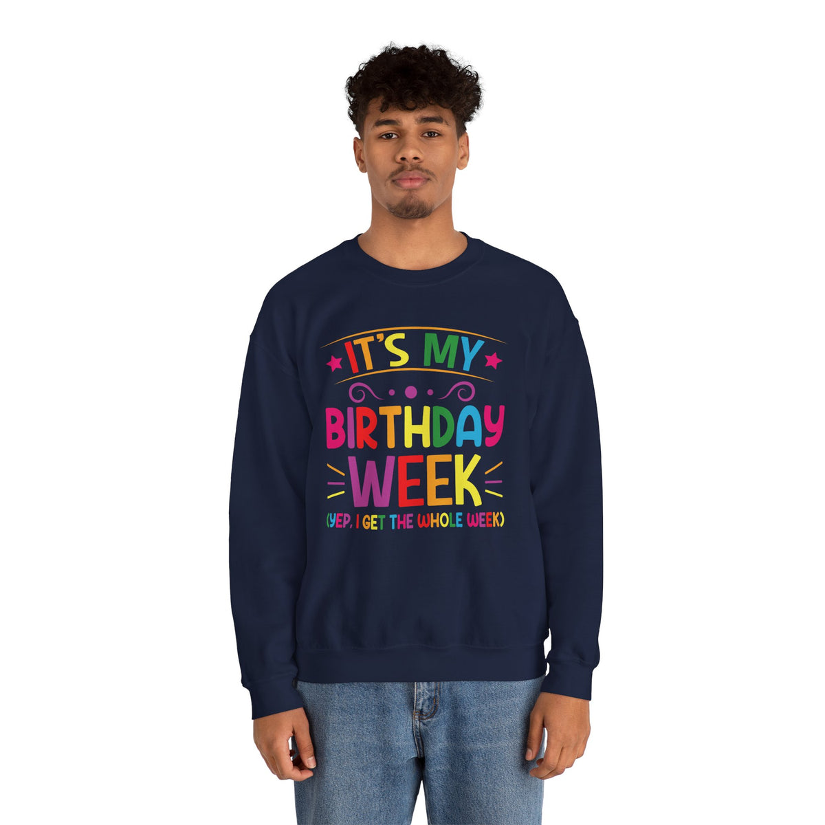 Woman wearing the It's My Birthday Week Rainbow sweatshirt, side view
