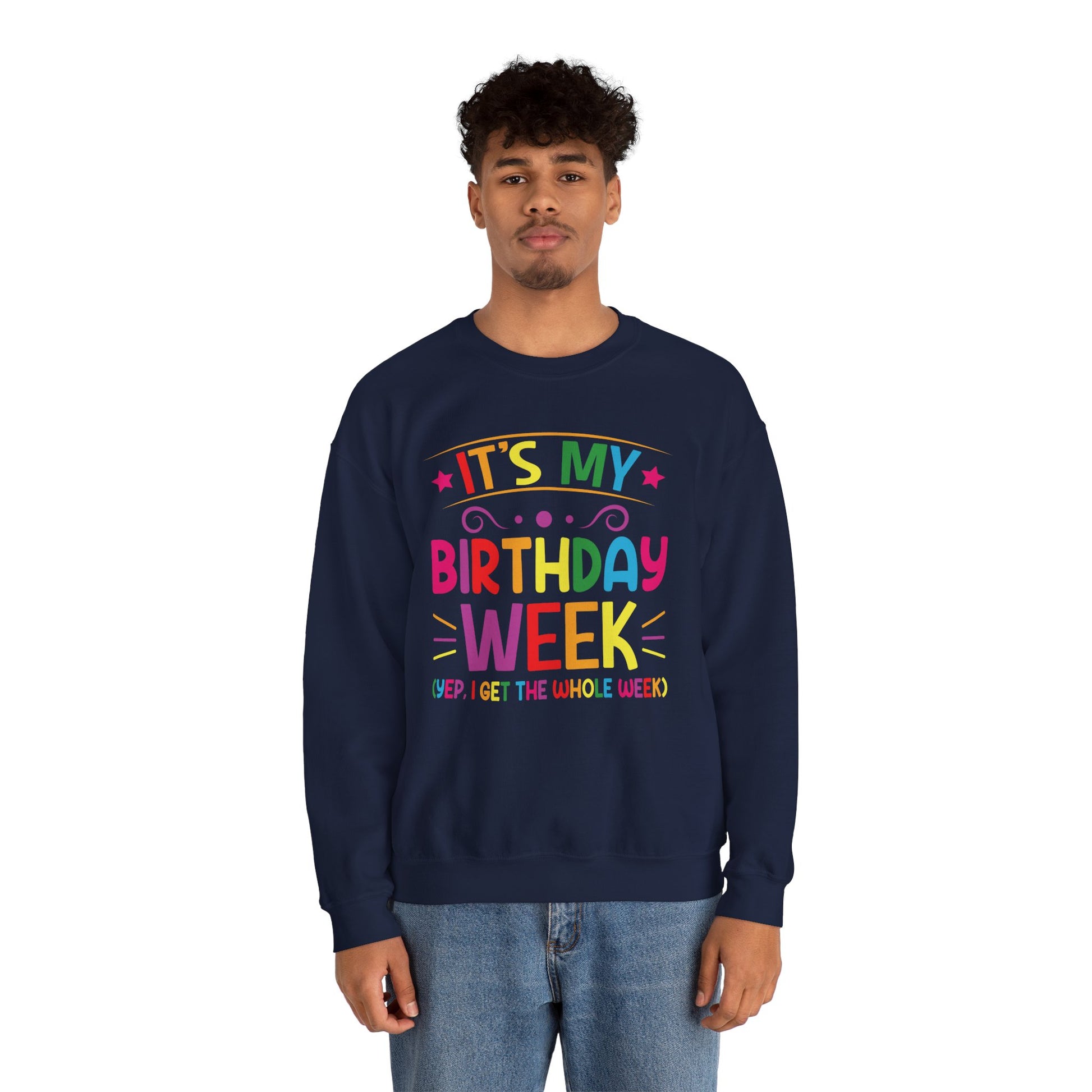 Woman wearing the It's My Birthday Week Rainbow sweatshirt, side view