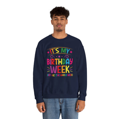 Woman wearing the It's My Birthday Week Rainbow sweatshirt, side view