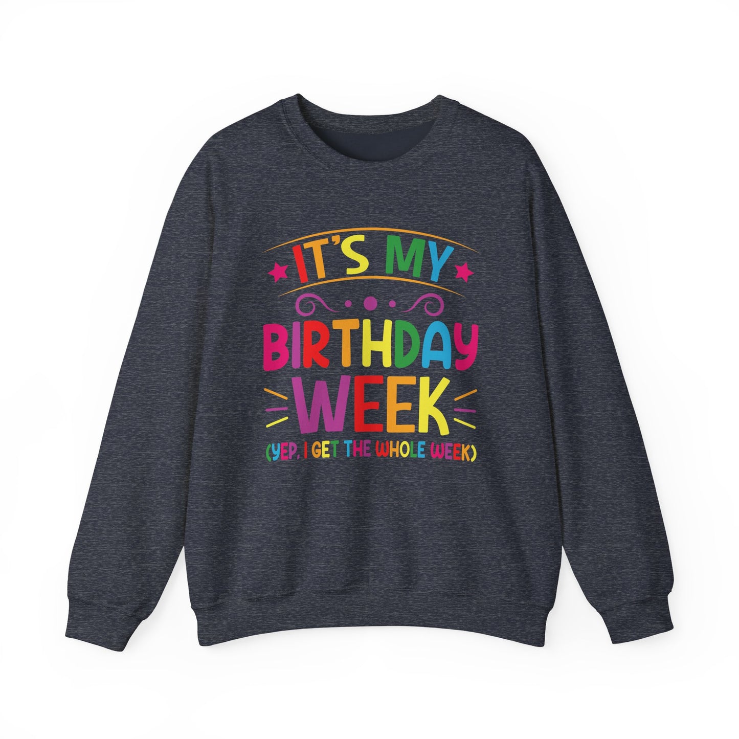 Heather Sport Dark Navy It's My Birthday Week Rainbow sweatshirt, front view