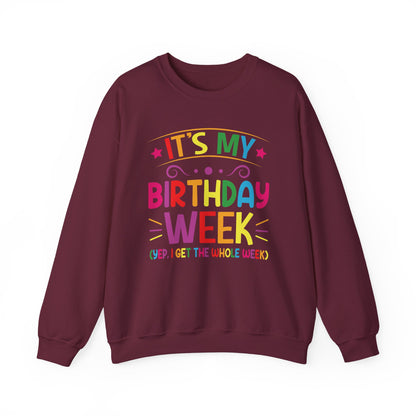 Maroon It's My Birthday Week Rainbow sweatshirt, front view