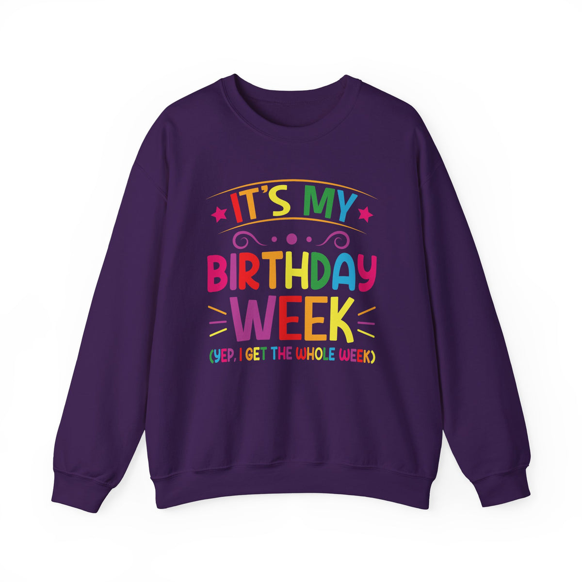 Purple It's My Birthday Week Rainbow sweatshirt, front view