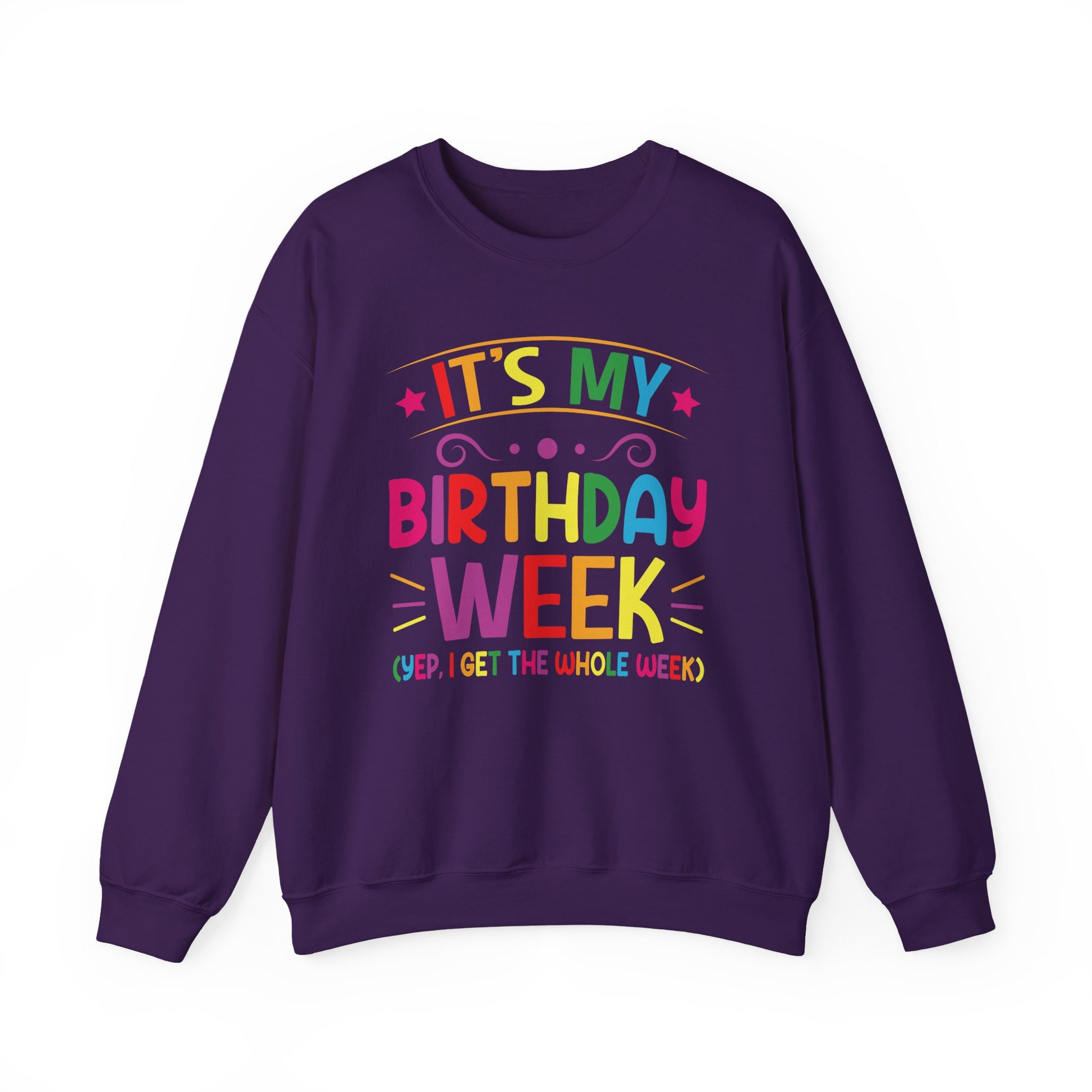 Purple It's My Birthday Week Rainbow sweatshirt, front view